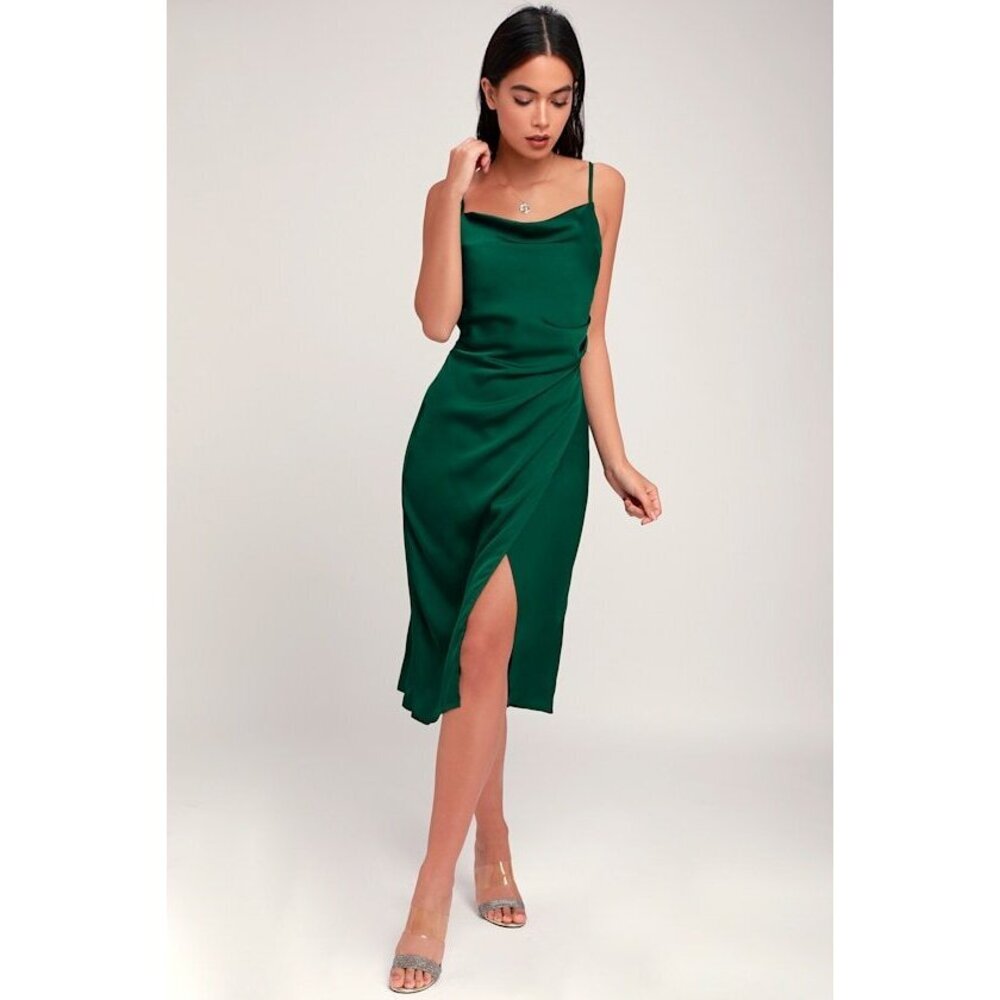 NWT Lulus Hollywood Woman Forest Green Satin Midi Dress - Size M